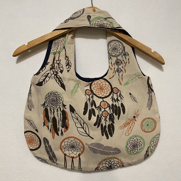 Dreamcatcher Feather Boho Canvas Purse Hobo Tote‎ Bag Denim Lined - Picture 3 of 6